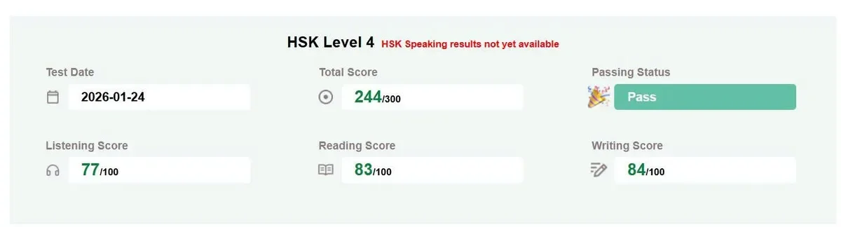 Bảng điểm HSK 4 đậu — học viên Nguyễn Thị Hương, 244/300